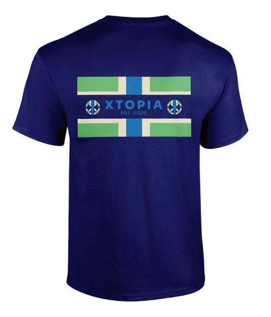 Navy t-shirt with XTOPIA logo and monogram in Gloucestershire colours