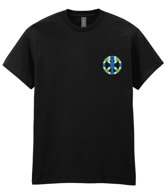 Black t-shirt with XTOPIA monogram in Gloucestershire colours