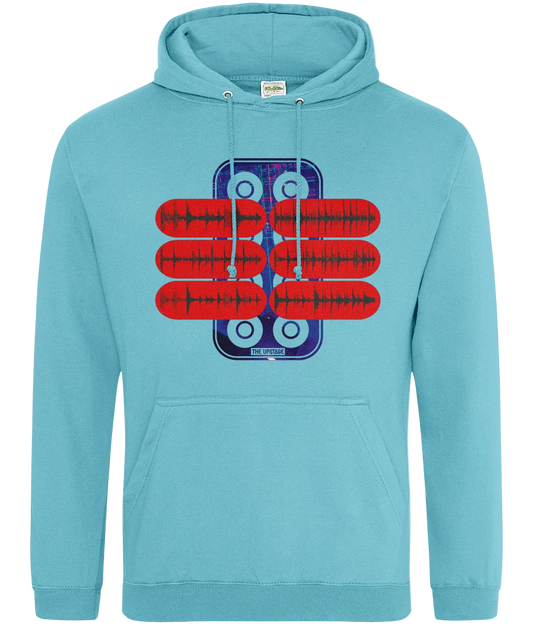 Light blue hoodie with a breakbeats graphic design