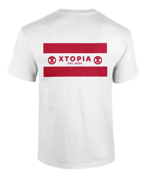 White t-shirt with XTOPIA logo and monogram representing peace love unity respect, in red.
