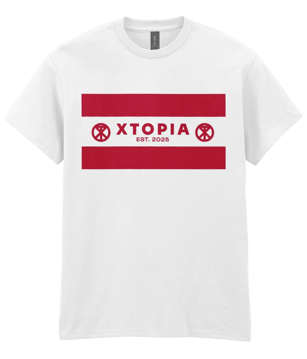 White t-shirt with XTOPIA logo and monogram representing peace love unity respect, in red.