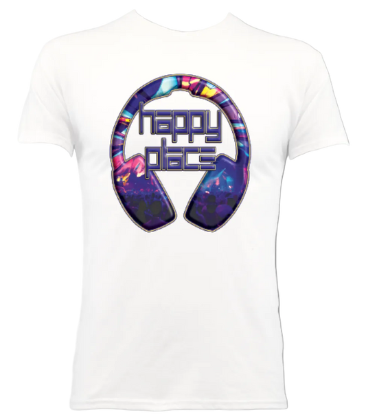 White t-shirt with colorful headphone graphic and 'Happy Place' text