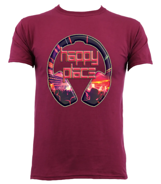 Maroon t-shirt with a graphic headphones design plus 'Happy Place' text