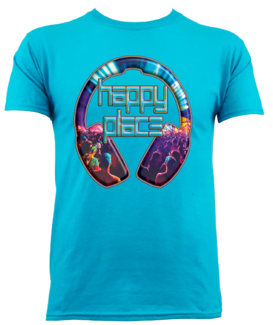 Blue t-shirt with a colourful headphones design plus 'Happy Place' text