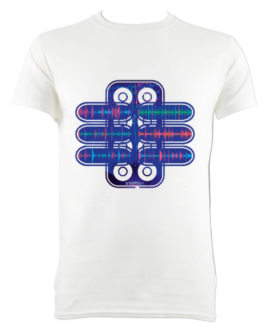 White t-shirt with a famous breaks graphic design with Glastonbury photography blended in.