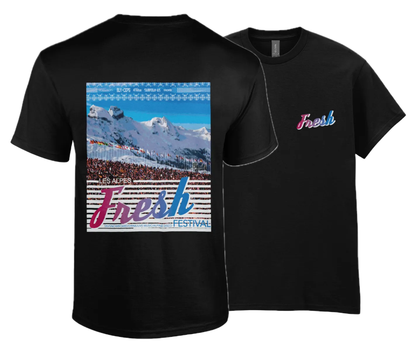 Black t-shirt with a graphic design of a mountain and 'Fresh Festival' text