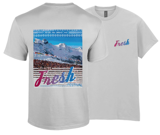 Grey t-shirt with mountain and crowd graphic and 'Fresh Festival' text