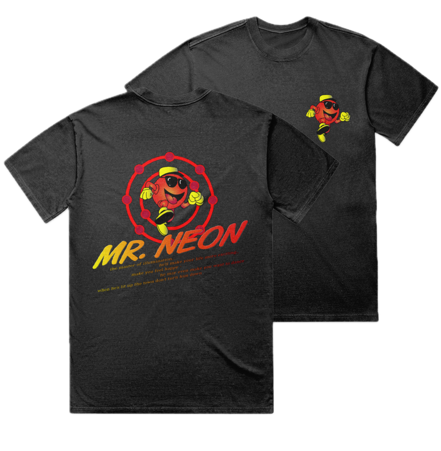 Acid-wash black t-shirt with 'Mr. Neon' graphic design on a white background