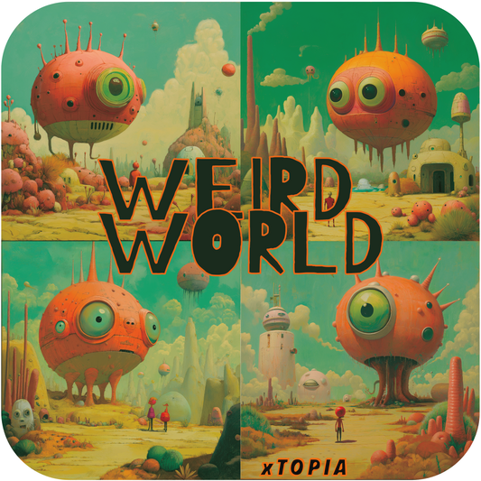 Youth T-shirt with a printed fantastical landscape with large, quirky creatures and the text 'WEIRD WORLD xTOPIA'.
