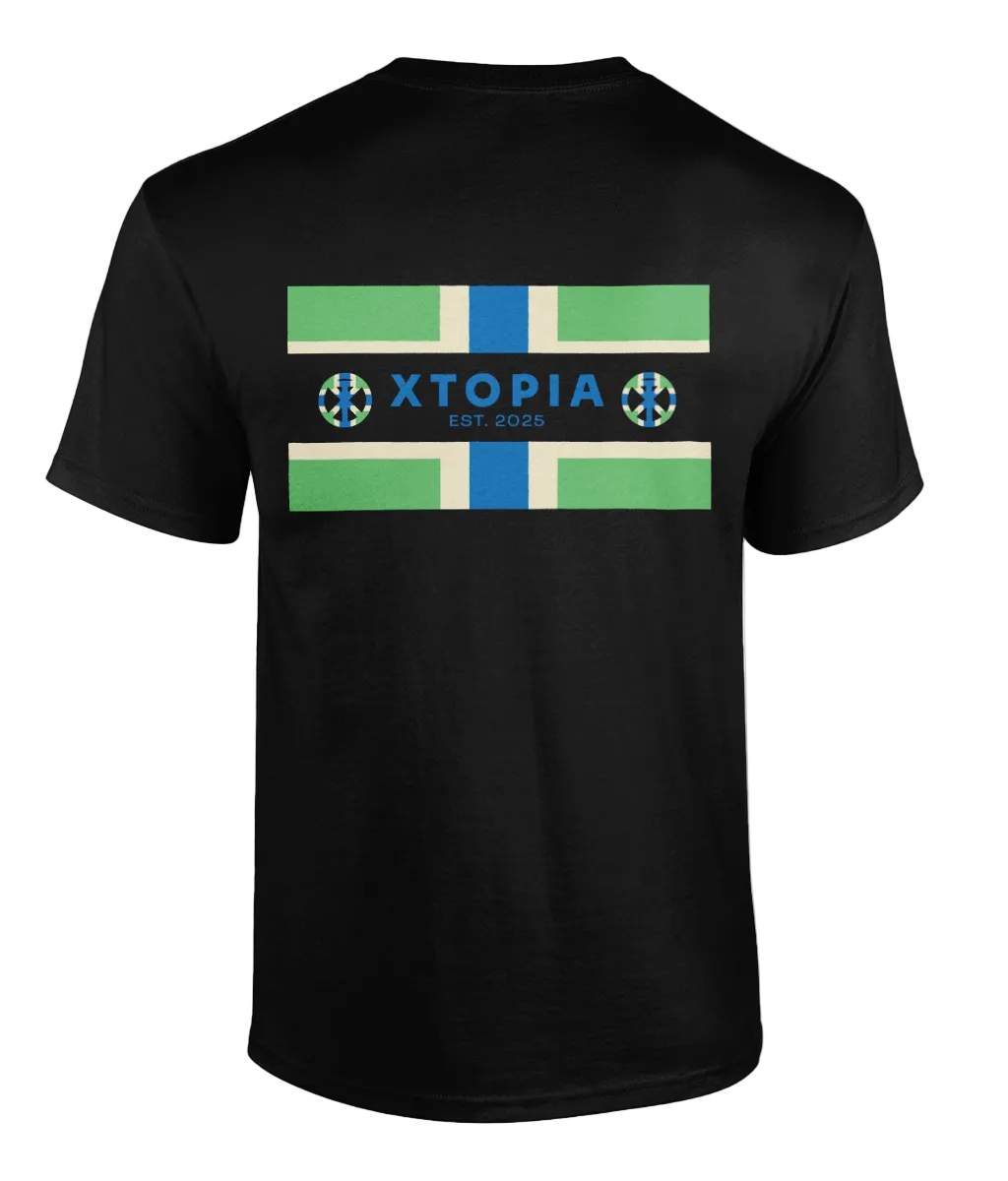 Black t-shirt with XTOPIA logo and monogram set in Gloucestershire colours
