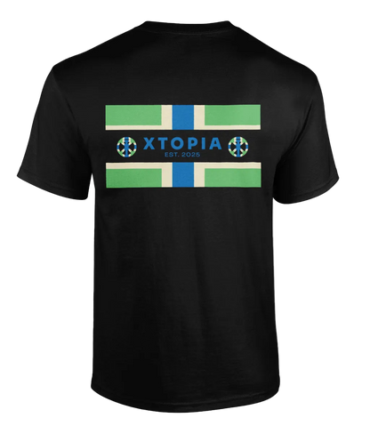 Black t-shirt with XTOPIA logo and monogram set in Gloucestershire colours