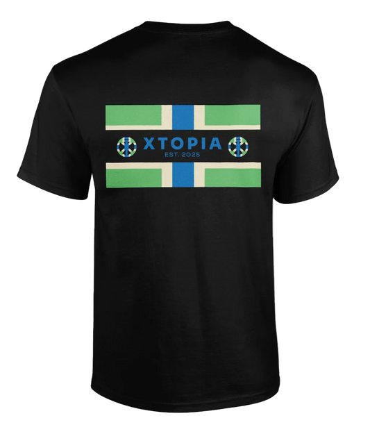 Black t-shirt with XTOPIA logo and monogram set in Gloucestershire colours