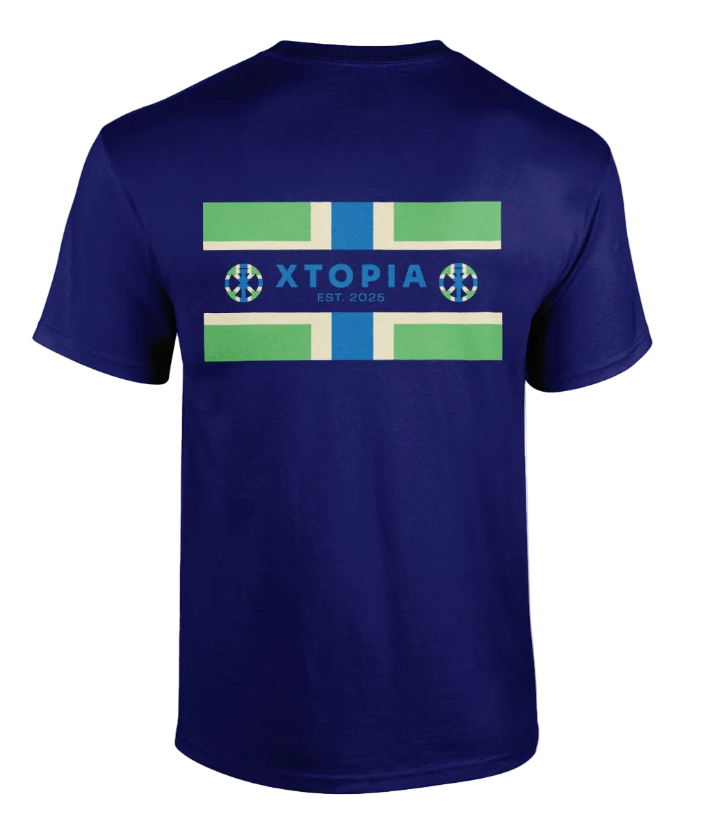 Navy t-shirt with XTOPIA logo and monogram in Gloucestershire colours