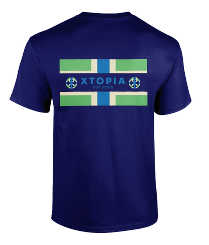 Navy t-shirt with XTOPIA logo and monogram in Gloucestershire colours