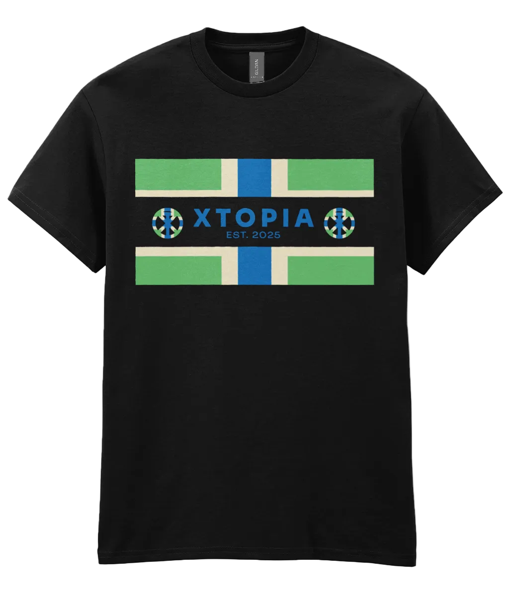 Black t-shirt with XTOPIA logo and monogram set in Gloucestershire colours