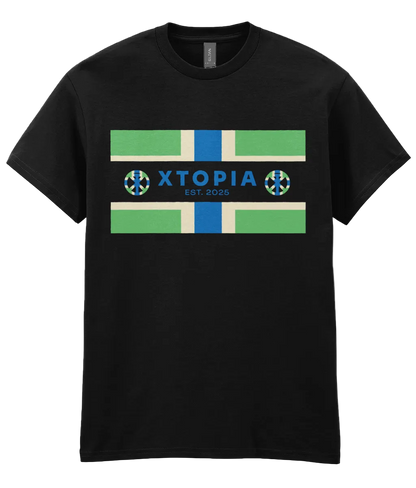 Black t-shirt with XTOPIA logo and monogram set in Gloucestershire colours