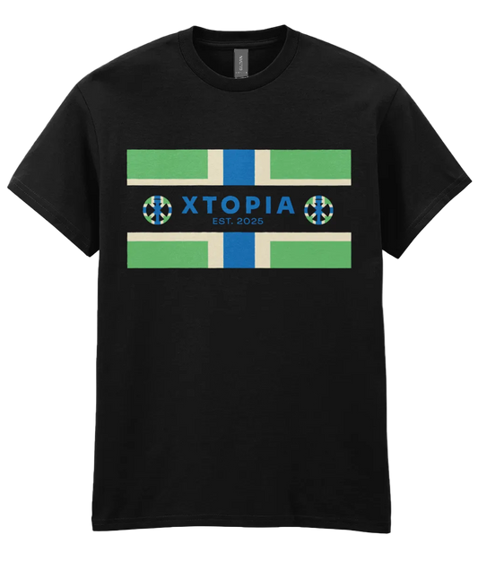 Black t-shirt with XTOPIA logo and monogram set in Gloucestershire colours