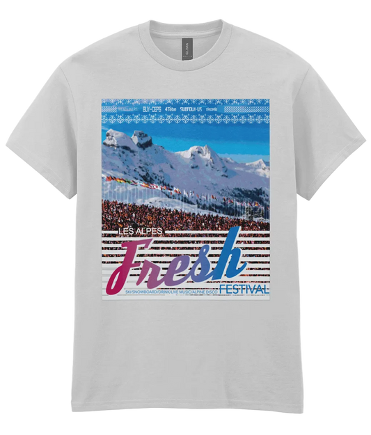 Grey t-shirt with a ski festival scene, mountain, crowds and blue sky plus  'Fresh Festival' text