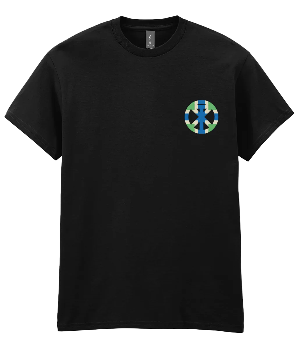 Black t-shirt with XTOPIA monogram in Gloucestershire colours