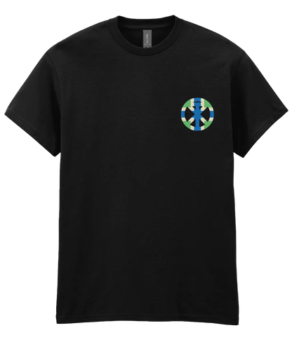 Black t-shirt with XTOPIA monogram in Gloucestershire colours