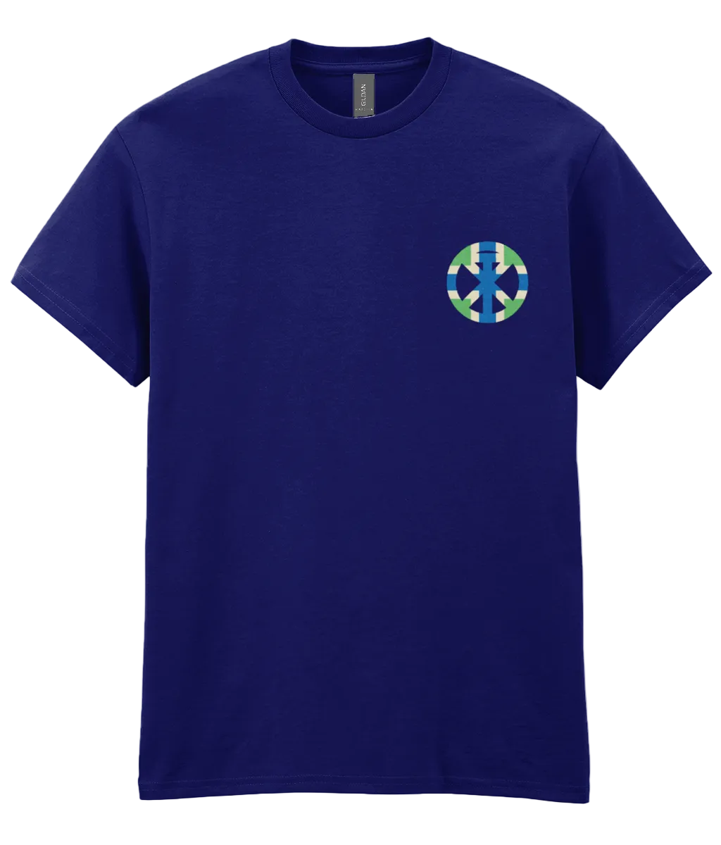 Navy t-shirt with XTOPIA monogram in Gloucestershire colours
