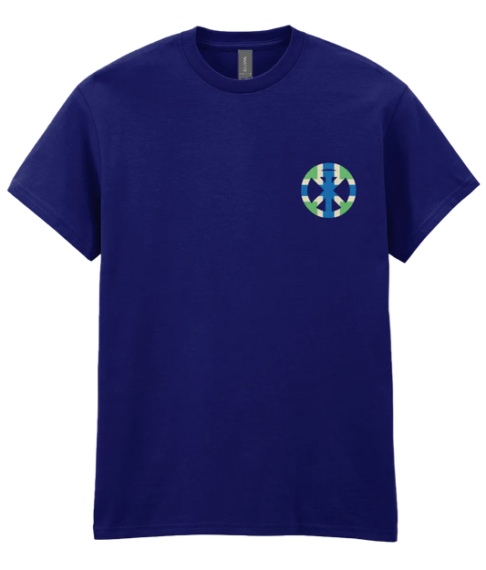 Navy t-shirt with XTOPIA monogram in Gloucestershire colours
