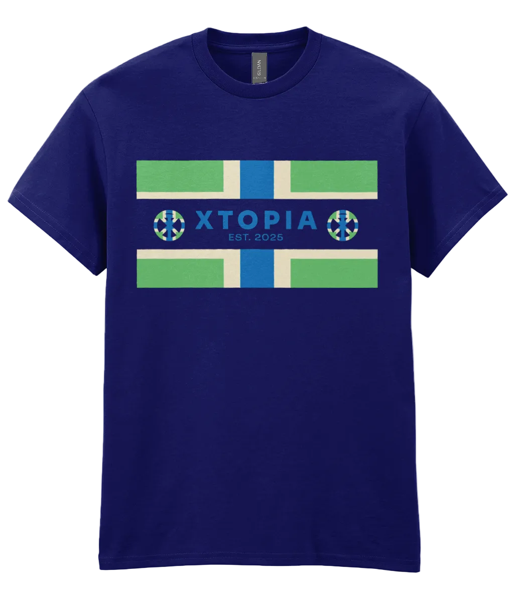 Navy t-shirt with XTOPIA logo and monogram set in Gloucestershire colours