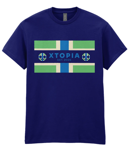 Navy t-shirt with XTOPIA logo and monogram set in Gloucestershire colours