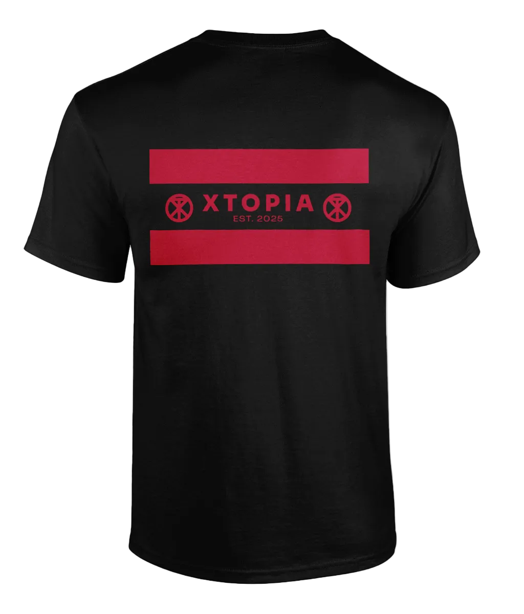Black t-shirt with XTOPIA logo and monogram representing peace love unity respect, in red.
