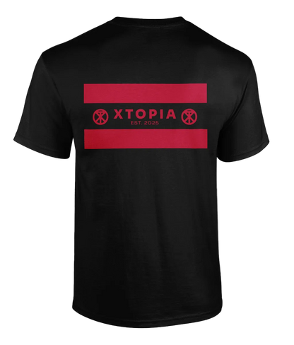 Black t-shirt with XTOPIA logo and monogram representing peace love unity respect, in red.