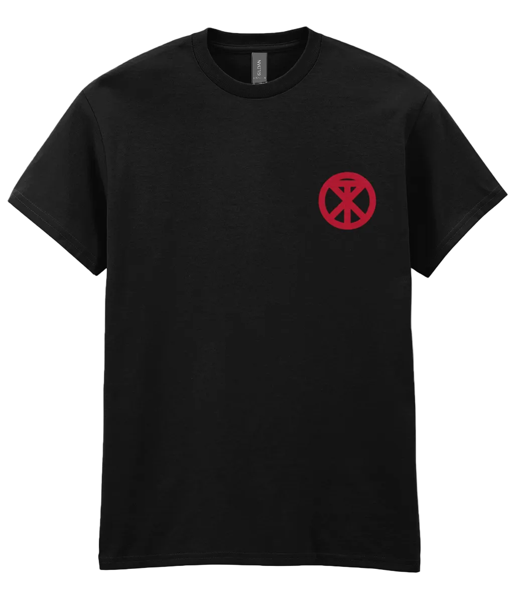 Black t-shirt with XTOPIA monogram representing peace love unity respect, in red.