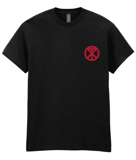 Black t-shirt with XTOPIA monogram representing peace love unity respect, in red.