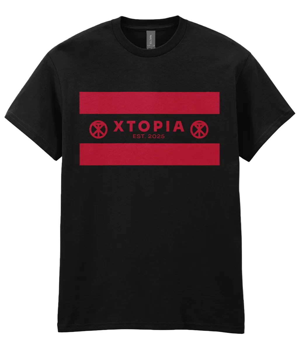 Black t-shirt with XTOPIA logo and monogram representing peace love unity respect, in red.