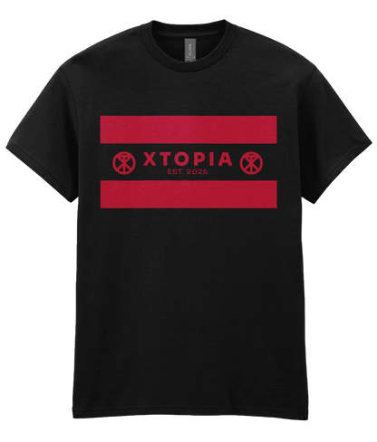 Black t-shirt with XTOPIA logo and monogram representing peace love unity respect, in red.