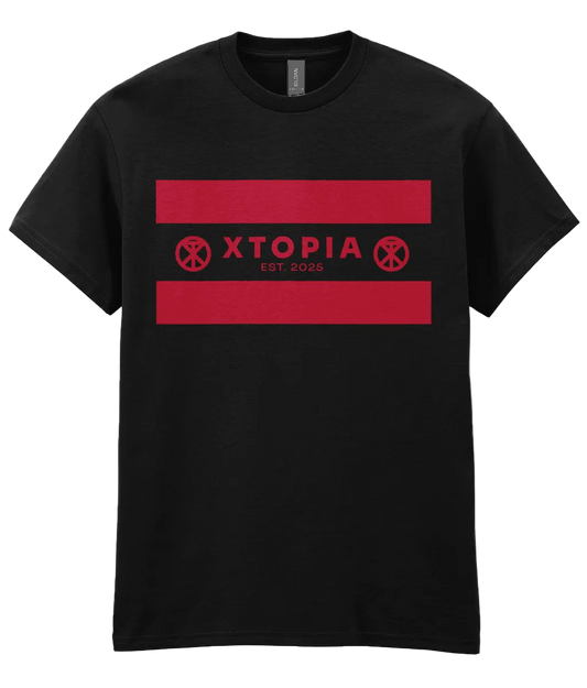 Black t-shirt with XTOPIA logo and monogram representing peace love unity respect, in red.