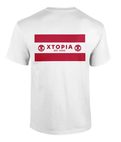 White t-shirt with XTOPIA logo and monogram representing peace love unity respect, in red.