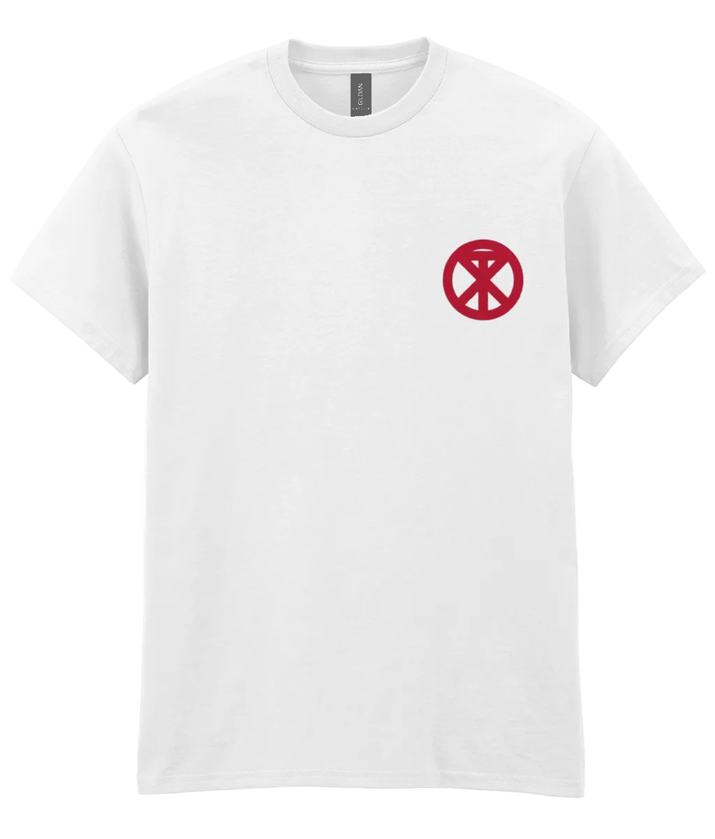 White t-shirt with XTOPIA monogram representing peace love unity respect, in red.