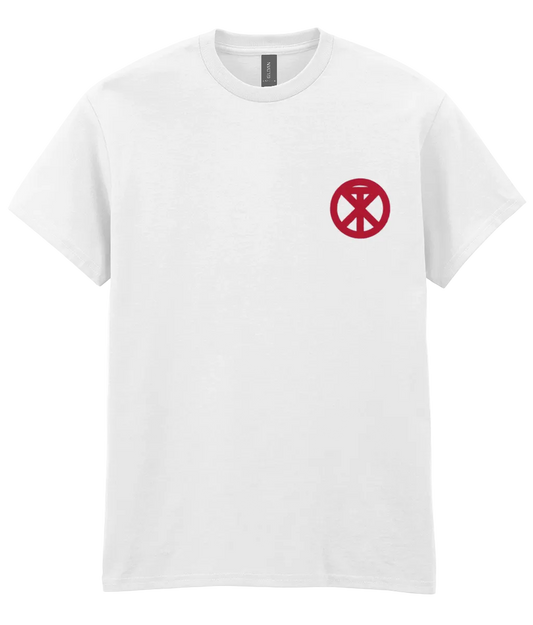 White t-shirt with XTOPIA monogram representing peace love unity respect, in red.