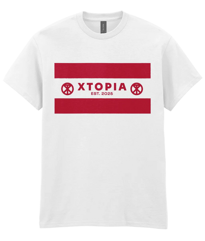 White t-shirt with XTOPIA logo and monogram representing peace love unity respect, in red.