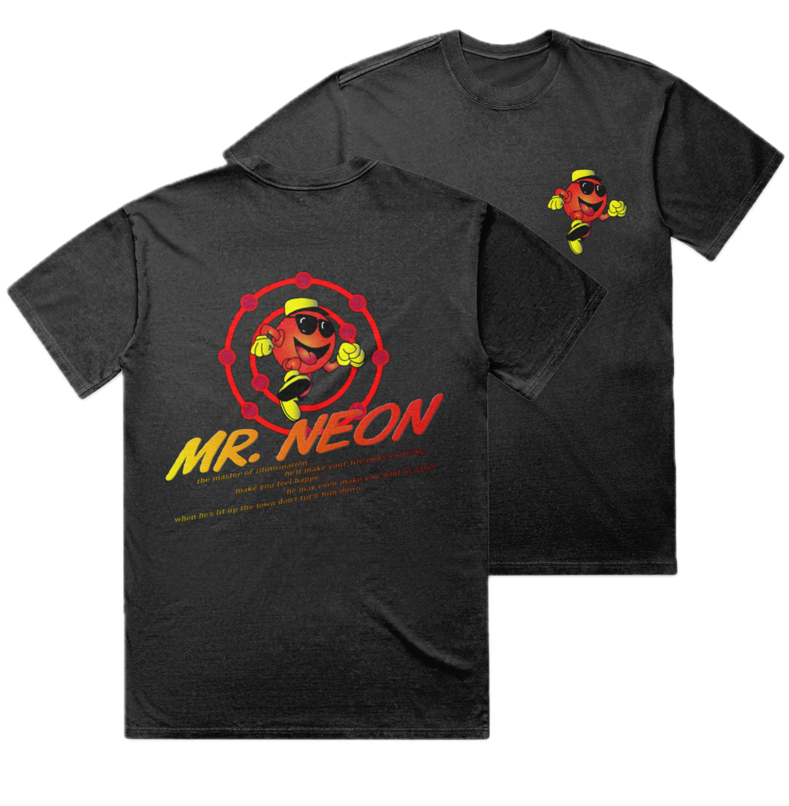 Acid-wash black t-shirt with 'Mr. Neon' graphic design on a white background