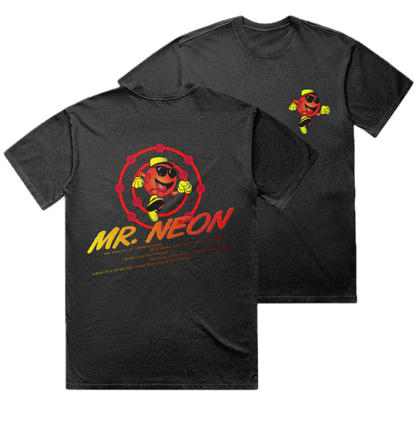 Acid-wash black t-shirt with 'Mr. Neon' graphic design on a white background
