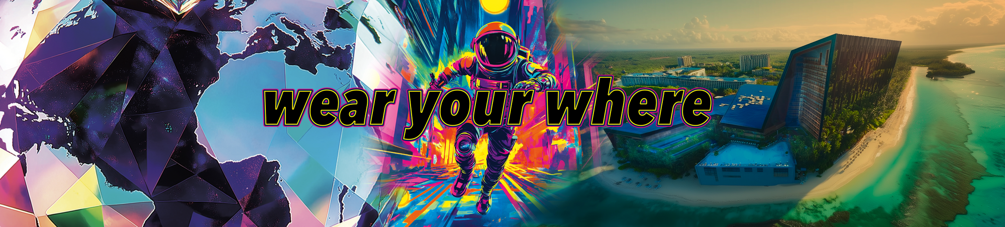 Colourful abstract design with text 'wear your where' over a scenic background.